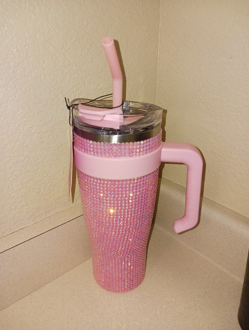 Pink Rhinestone Bling Travel Tumbler with Handle and Straw - Pink